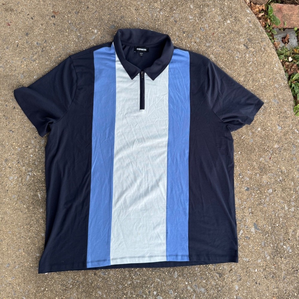 Express Mens XXL Blue Colorblock Vertical Stripe Quarter Zip Short Sleeve Polo